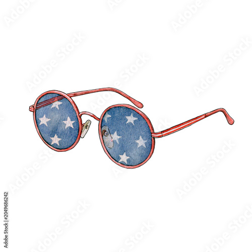4th of July vintage graphic element round glasses with star-spangled blue lenses. Independence Day. USA glasses.