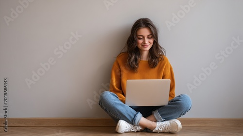 Young Woman in Mustard Yellow Shirt and Blue Jeans Working on Laptop perfect for remote job