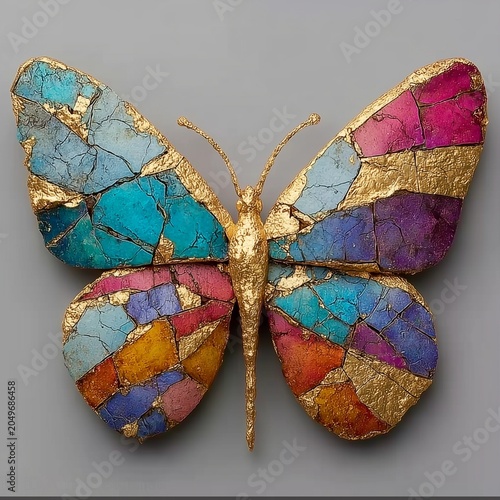 Gold and Multicolored Butterfly Sculpture Centered on Solid Gray Background