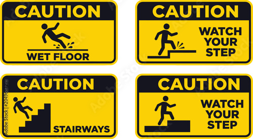 Tableau sur toile Caution safety signs collection wet floor stairways and watch your step warnings
