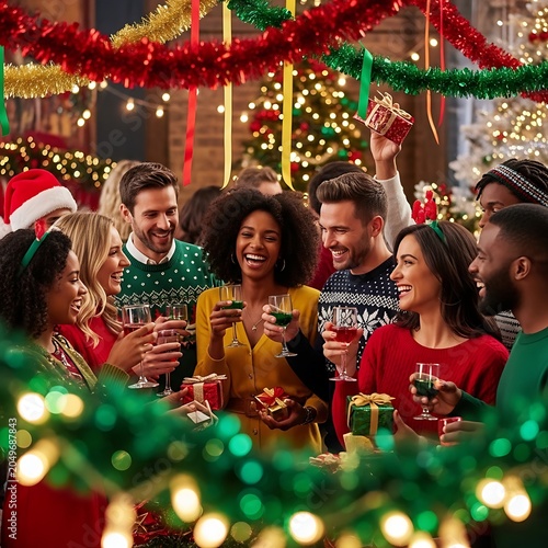 Group of diverse friends celebrating Christmas party with drinks and gifts.