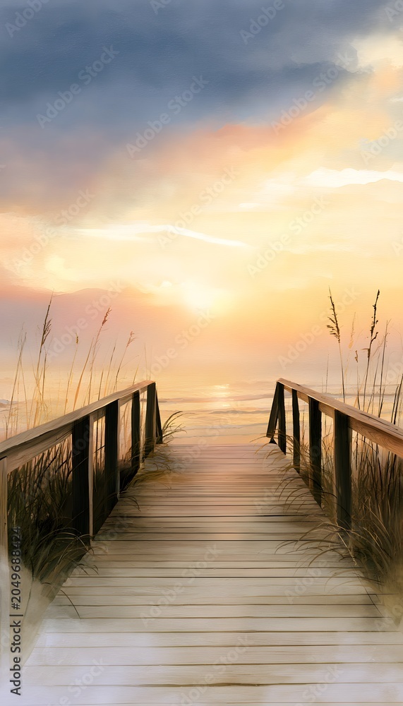 Obraz premium Tranquil ocean sunset watercolor illustration of a wooden boardwalk scene evokes peaceful serenity