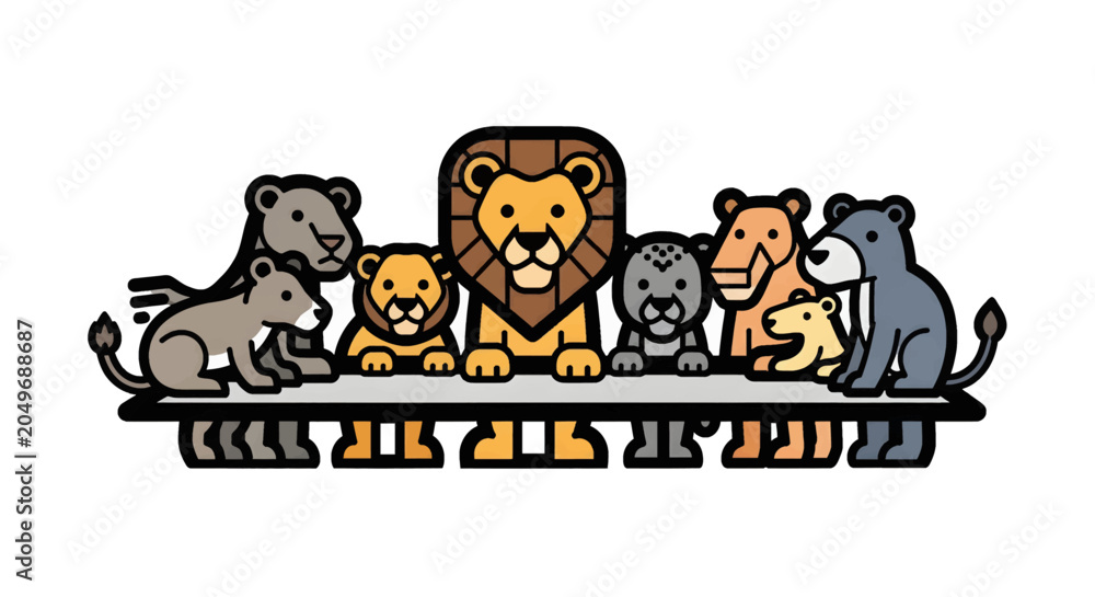 Fototapeta premium Cartoon lion and cubs sitting together.