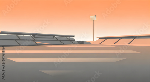 An empty stadium with bleachers and a floodlight at sunset or sunrise