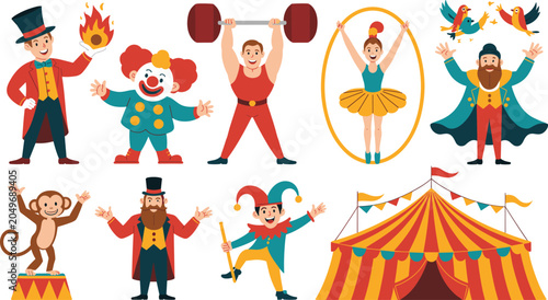 Photography Cute Cartoon Circus Performers Vector Set Featuring Magician Clown Strongman Gym