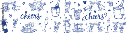 Hand drawn cocktail and wine glass doodle set. Sketch illustration of hands toasting, champagne bottle and drinks for party celebration.