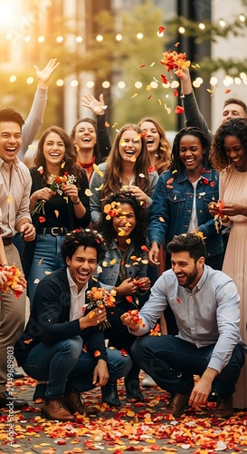 Group of diverse friends celebrating together with falling confetti.
