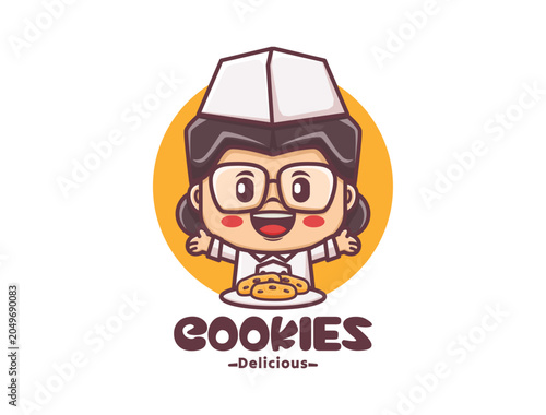 Cheerful female chef with cookies mascot