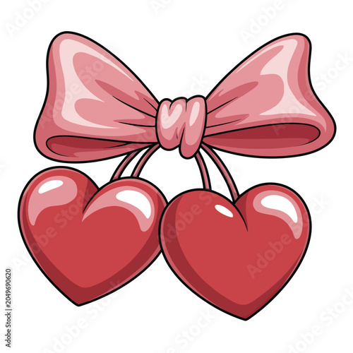 Coquette aesthetic cherry hearts with pink bow, cute red heart fruit vector illustration, romantic y2k style cartoon graphic for valentines day
