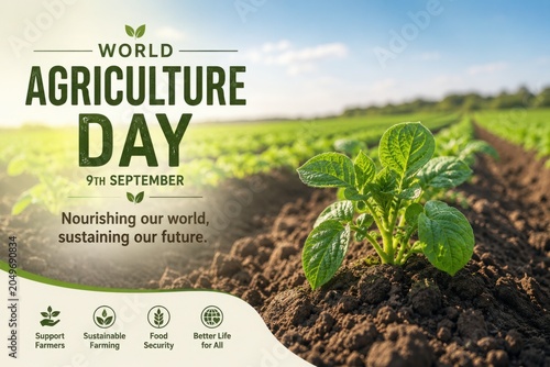 World Agriculture Day poster for September 9th, sustainable farming concept with green plant sprout in soil, agricultural food security banner