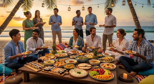 Group of Diverse Friends Enjoying a Beach Dinner Party at Sunset.