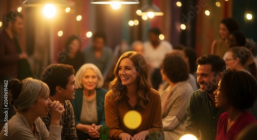 Group of diverse friends enjoying a cozy evening party with warm lighting.