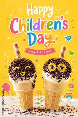 Happy Children's Day greeting card with cute ice cream characters, colorful dessert cones with chocolate sprinkles, festive yellow background for kids celebration