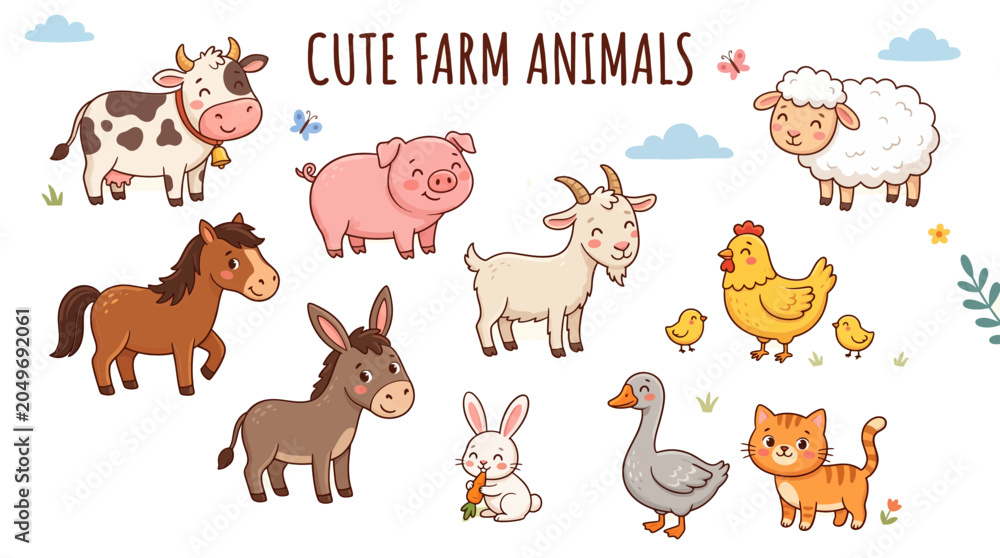 Fototapeta premium Collection of Cute Farm Animals Friends and Adventures Illustration.