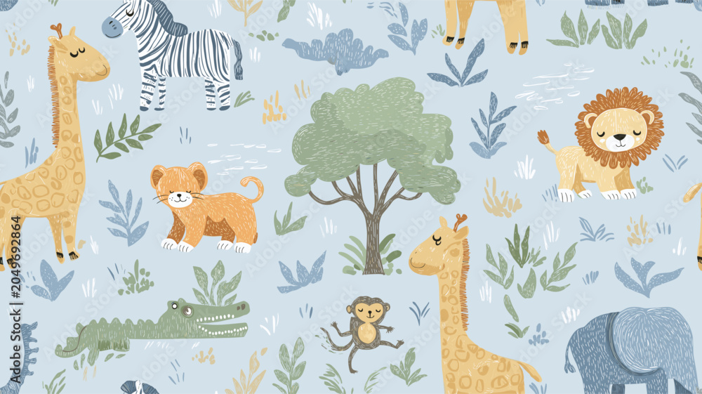 Obraz premium Safari animals pattern with giraffes, elephants, and lions on a light blue background. Cute cartoon jungle animals seamless pattern