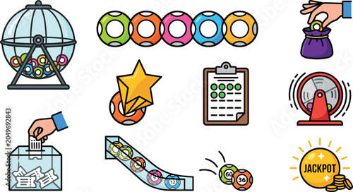 Lottery Bingo and Raffle Game Icon Set with Lucky Draw Machine Balls Fortune Wheel Tickets and Jackpot Symbols for Gambling Websites and Mobile Apps