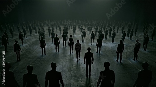 A mass of silhouetted figures stand in a dimly lit, expansive hall, evoking a mysterious and enigmatic mood.