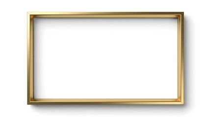 Horizontal slim gold metallic picture frame isolated on white background with soft drop shadow. Minimalist contemporary brass style border for art display and professional photography.