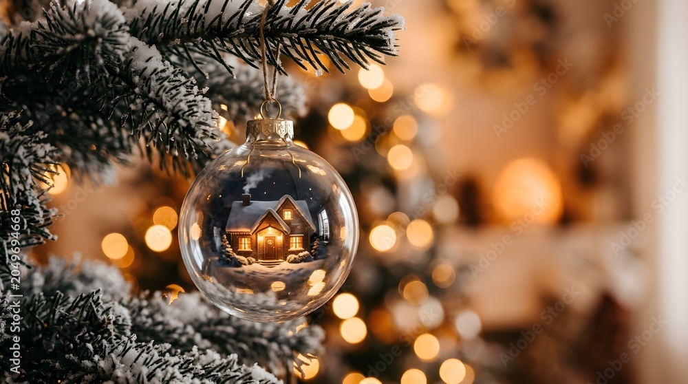 Naklejka premium Christmas Tree Ornament Reflects Cozy House Scene with Blurred Festive Lights