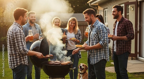 Group of diverse friends enjoying a summer barbecue party in the backyard at sunset.
