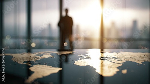 Silhouette of man overlooks map with glowing cityscape through window