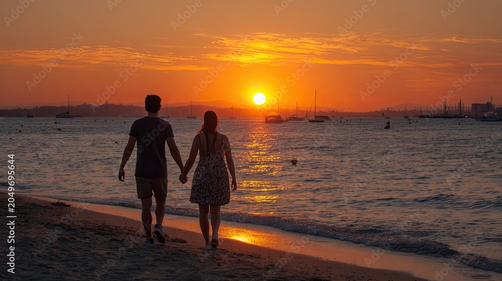Fototapeta premium Couple walking hand-in-hand on beach during sunset over ocean