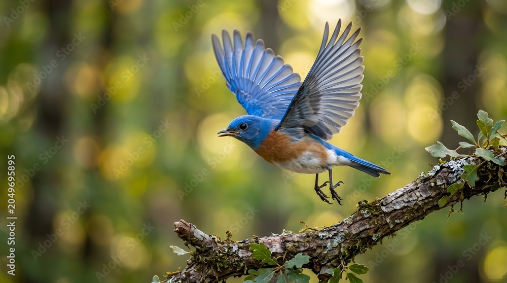 Obraz premium Blue bird taking flight from tree branch in lush green forest during golden hour