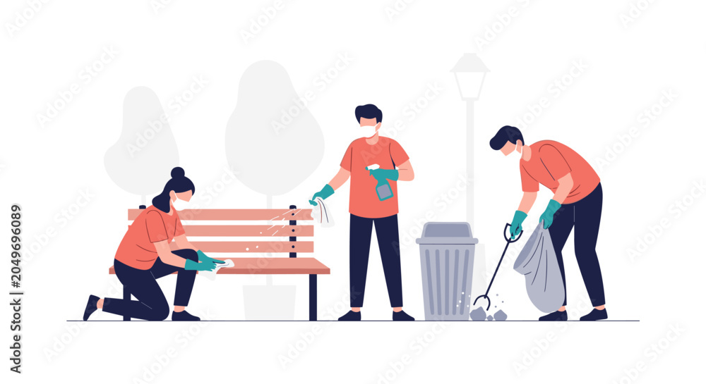 Fototapeta premium Community workers focus on virus prevention while cleaning public park with gloves on