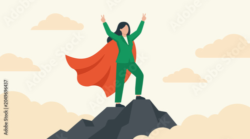 Foto Successful Businesswoman Superhero on Mountain Peak