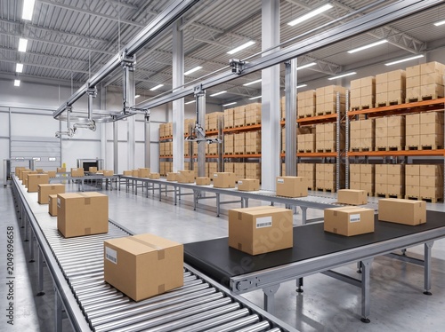 Packages moving on an automated warehouse conveyor belt