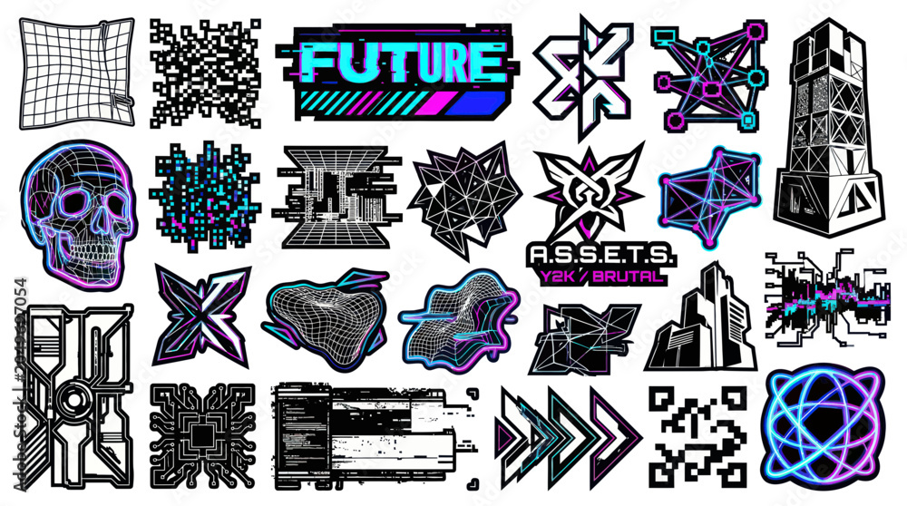 Obraz premium Cyberpunk Graphic Elements Collection: Future, Tech, Abstract Art, Glitch, Sci-Fi