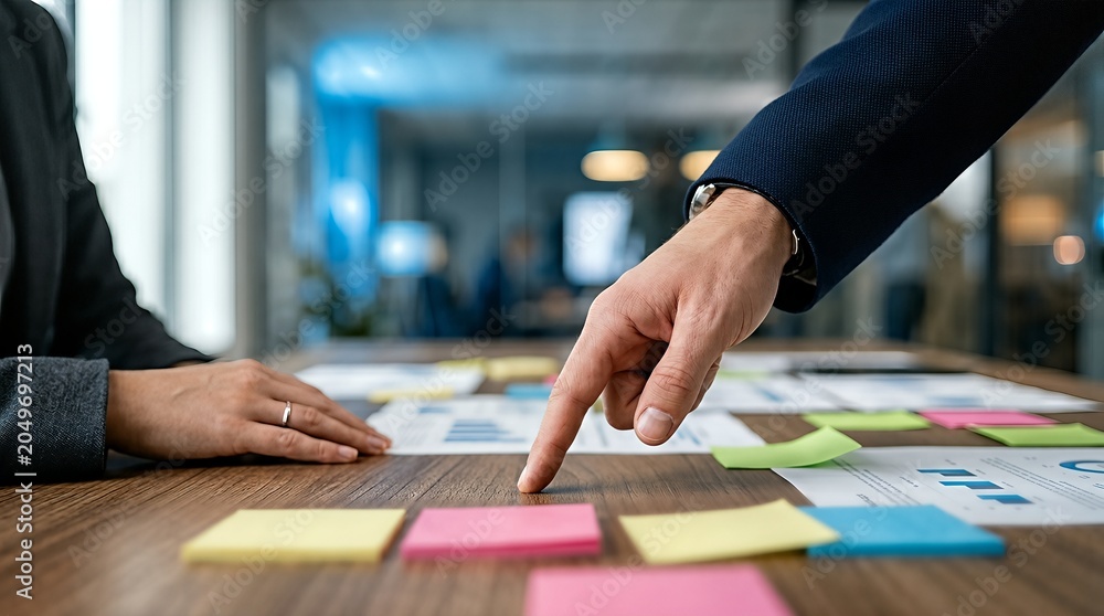 Obraz premium Closeup of hands arranging sticky notes during a business meeting, enhancing workflow.