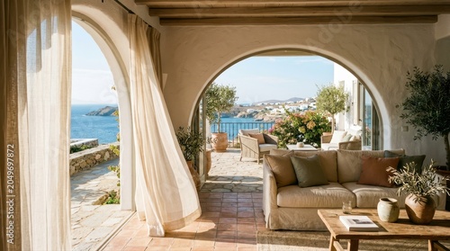 Luxury villa terrace with sea view and comfortable living room interior