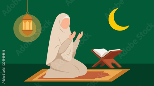 Photos Muslim Woman Praying with Quran, Lantern, and Crescent Moon in Ramadan