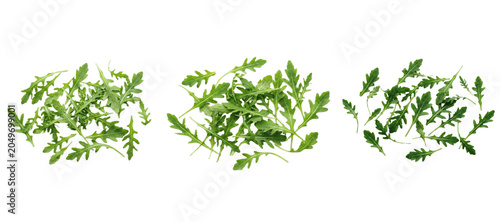 Картината върху платно A Set of fresh arugula leaves scattered and isolated on white background, pepper