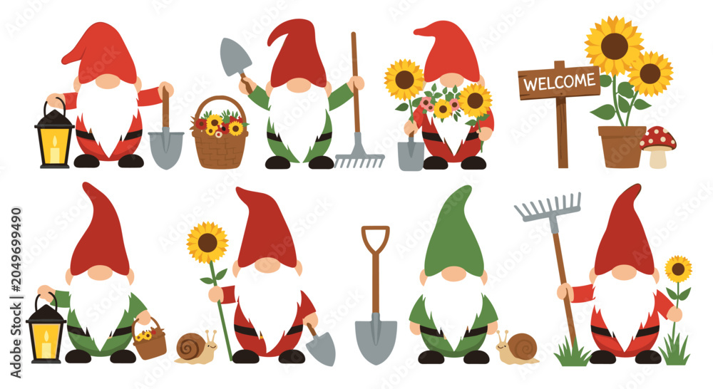 Fototapeta premium Collection of cute garden gnomes with various gardening tools, flowers, and forest friends like snails and mushrooms.