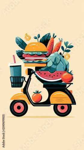 Cute vector art: Scooter loaded with fresh burgers, hot dogs, and gourmet snacks