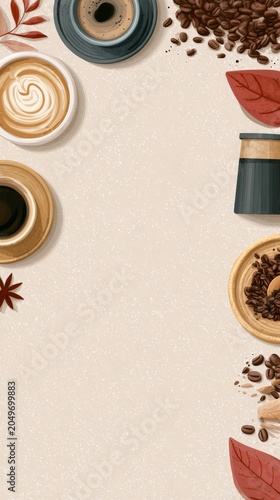 Flat lay coffee beans and cup arrangement for warm rustic background