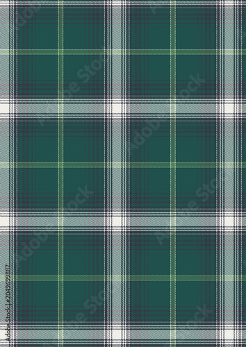 Seamless plaid pattern featuring a classic check design in deep forest green, dark gray, and white with subtle lime green accent lines, suitable for fashion, home textiles, and decorative design .