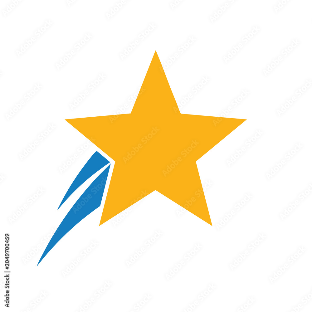 Fototapeta premium Abstract yellow star with blue comet tail graphic design element.
