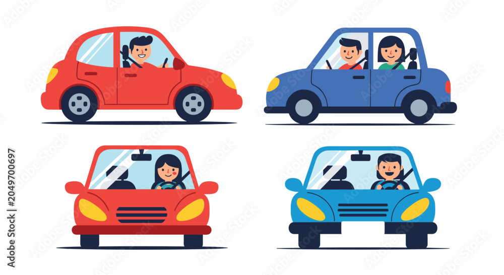 Naklejka premium Front and side view icons of red and blue cars with happy male and female drivers representing different transportation and travel concepts.