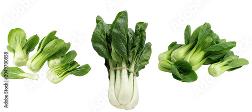 Konstfotografi A Set of fresh bok choy heads and leaves isolated on white background, Asian gre