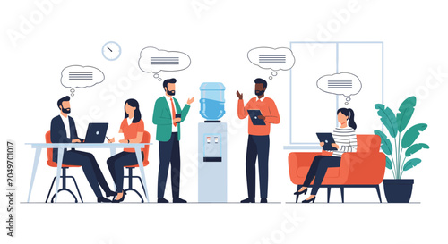 Professional team members collaborating and relaxing in a modern office common area with a water cooler and comfortable seating.