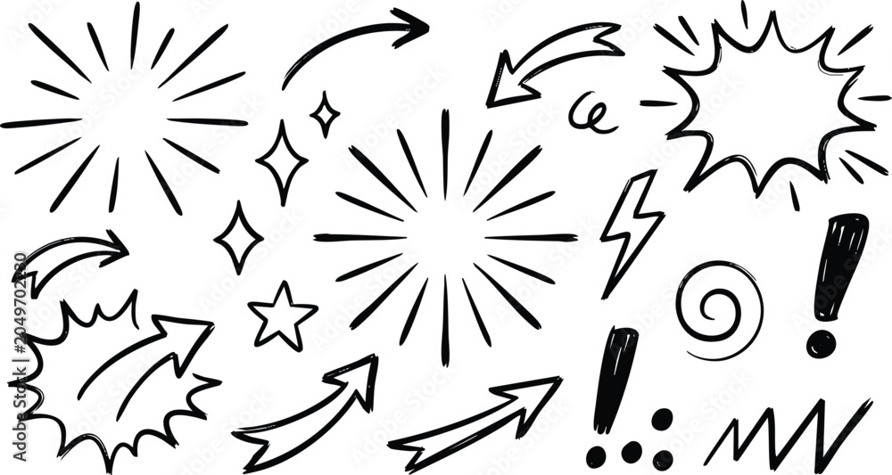 Fototapeta premium Hand drawn doodle elements set, black ink sketch arrows and sunbursts, comic style speech bubbles and stars, vector graphic design assets
