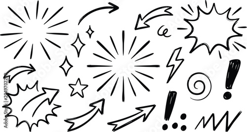 Vászonkép Hand drawn doodle elements set, black ink sketch arrows and sunbursts, comic sty