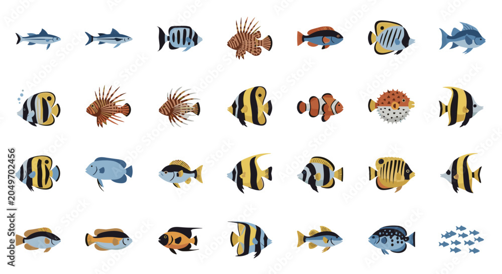 Fototapeta premium Collection of colorful tropical fish species showing various shapes and patterns isolated on a clean white background.