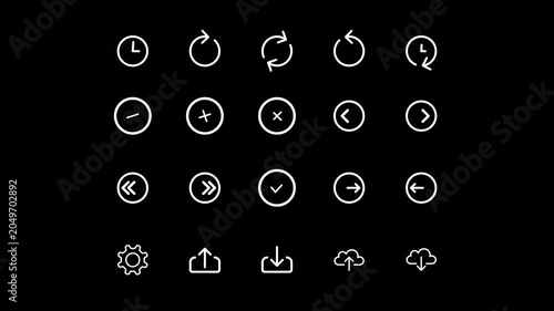 Minimalist White Arrow and Action Icons Animated Pack with Alpha Channel, Clean UI Micro interactions Line Icons Set Loop on Transparent Background