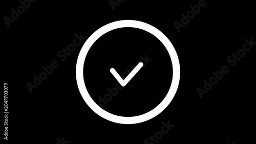 Animated White Checkmark Line Icon in Circle with Alpha Channel, Minimalist UI Success and Approved Tick Button on Transparent Background