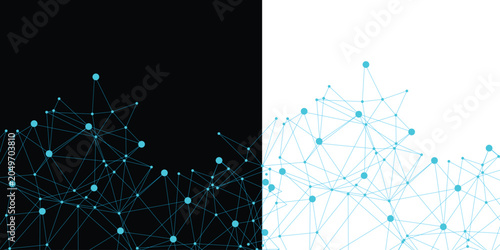 Abstract digital plexus network background with split black and white contrast, technology connection concept