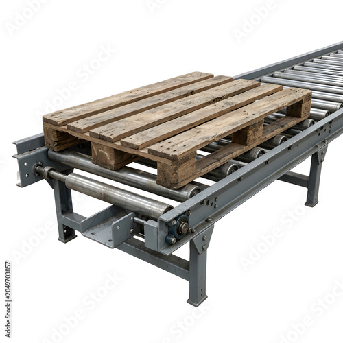 Wooden pallet on a metal roller conveyor system isolated on transparent background